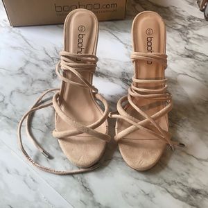 Wrap strap tubular suede heels